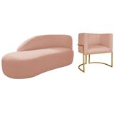 Kit Divã Luna 185cm Lado Esquerdo E 01 Poltrona Base De Ferro Dourado Suede Rosê