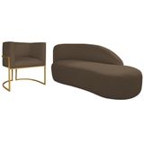 Kit Divã Luna 185cm Lado Direito E 01 Poltrona Base De Ferro Dourado Suede Marrom