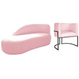 Kit Divã Luna 140cm Lado Esquerdo E 01 Poltrona Base De Ferro Preto Suede Rosa Bebê