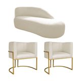 Kit Divã Luna 140cm Lado Direito E 02 Poltronas Base De Ferro Dourado Linho Bege
