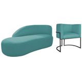 Kit Divã Luna 140cm Lado Esquerdo E 01 Poltrona Base De Ferro Preto Suede Azul Turquesa