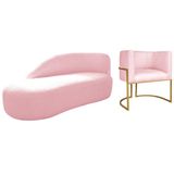 Kit Divã Luna 160cm Lado Esquerdo E 01 Poltrona Base De Ferro Dourado Suede Rosa Bebê