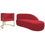 Kit Divã Luna 185cm Lado Direito E 01 Poltrona Base De Ferro Dourado Suede Vermelho