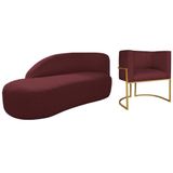 Kit Divã Luna 160cm Lado Esquerdo E 01 Poltrona Base De Ferro Dourado Suede Bordô