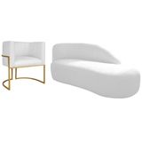 Kit Divã Luna 160cm Lado Direito E 01 Poltrona Base De Ferro Dourada Suede Cor Branco