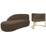 Kit Divã Luna 160cm Lado Esquerdo E 01 Poltrona Base De Ferro Dourado Suede Marrom