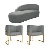 Kit Divã Luna 185cm Lado Esquerdo E 02 Poltronas Base De Ferro Dourado Suede Cinza