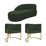 Kit Divã Luna 160cm Lado Esquerdo E 02 Poltronas Base De Ferro Dourado Linho Verde