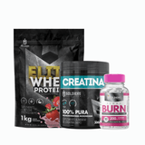 Kit:whey Protein Elite-pro 1kg Creatina Monohidratada Pote 300g -100 Puratermogênico Femme Burn 90g - Soldiers Nutrition Morango