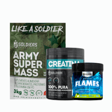 Kit: Hipercalórico Army Super Mass - 3kg +creatina Monohidratada Pote 300g - 100% Pura+pré-treino Flames 200g - Soldiers Morango