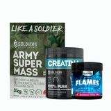 Kit: Hipercalórico Army Super Mass - 3kg +creatina Monohidratada Pote 300g - 100% Pura+pré-treino Flames 200g - Soldiers Morango