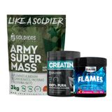 Kit: Hipercalórico Army Super Mass - 3kg +creatina Monohidratada Pote 300g - 100% Pura+pré-treino Flames 200g - Soldiers Cookies
