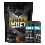 Kit: Whey Protein Elite Pro 1kg + Creatina Monohidratada Pote 300g - 100% Pura Importada - Soldiers Nutrition Chocolate Belga