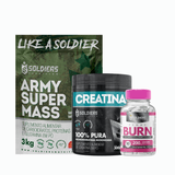 Kit:hipercalórico Army Super Mass - 3kg +creatina Monohidratada Pote 300g - 100% Pura+termogênico Femme Burn 90g - Soldi Morango