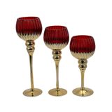 Jogo 3 Castiçais Para Natal Vidro Vermelho/gold 30/35/40cm