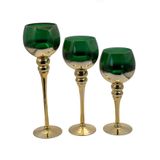 Jogo 3 Castiçais Para Natal Vidro Dourado/verde 25/30/40cm