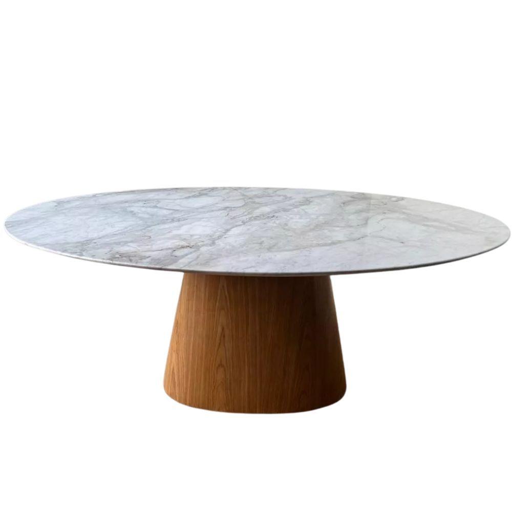 Mesa De Jantar Cone Oval 120x80 Cm Mármore Branco Extra Base Freijó