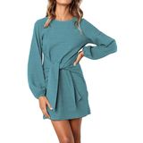 Vestido Feminino Prettygarden De Manga Comprida Com Gola Redonda Azul Verde