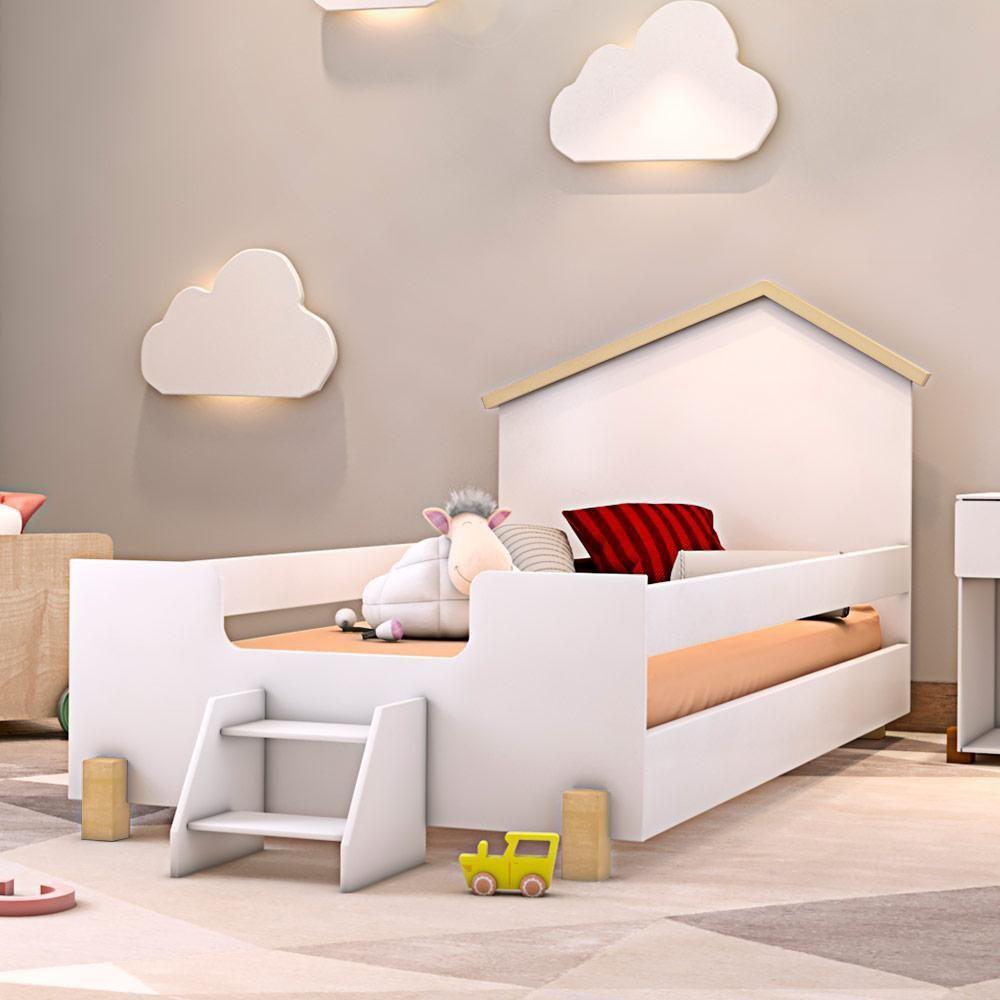 Cama Casinha Montessori Infantil Com Escadinha Branco Ayla Divaloto