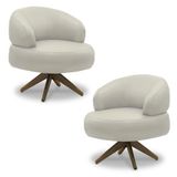 Kit 2 Poltronas Decorativas Katy Sala De Estar Base Giratória Em Madeira Couro Bege G88 - Gran Belo