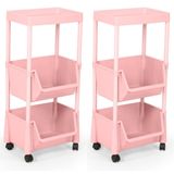 Kit 2 Carrinho Multiuso Prático 3 Prateleiras Em Plástico Com Rodízio - Rosa