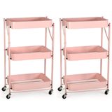 Kit 2 Carrinho Multiuso Organizador Dobrável Com 3 Prateleiras - Rosa
