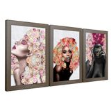 Quadros Decorativos 20x30 Mulheres Rosto Flores Rosas Kit 3 Titulos Moldura Madeira