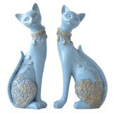 Casal De Estátuas Decorativas De Gatos Qianling Em Resina Azul Clara