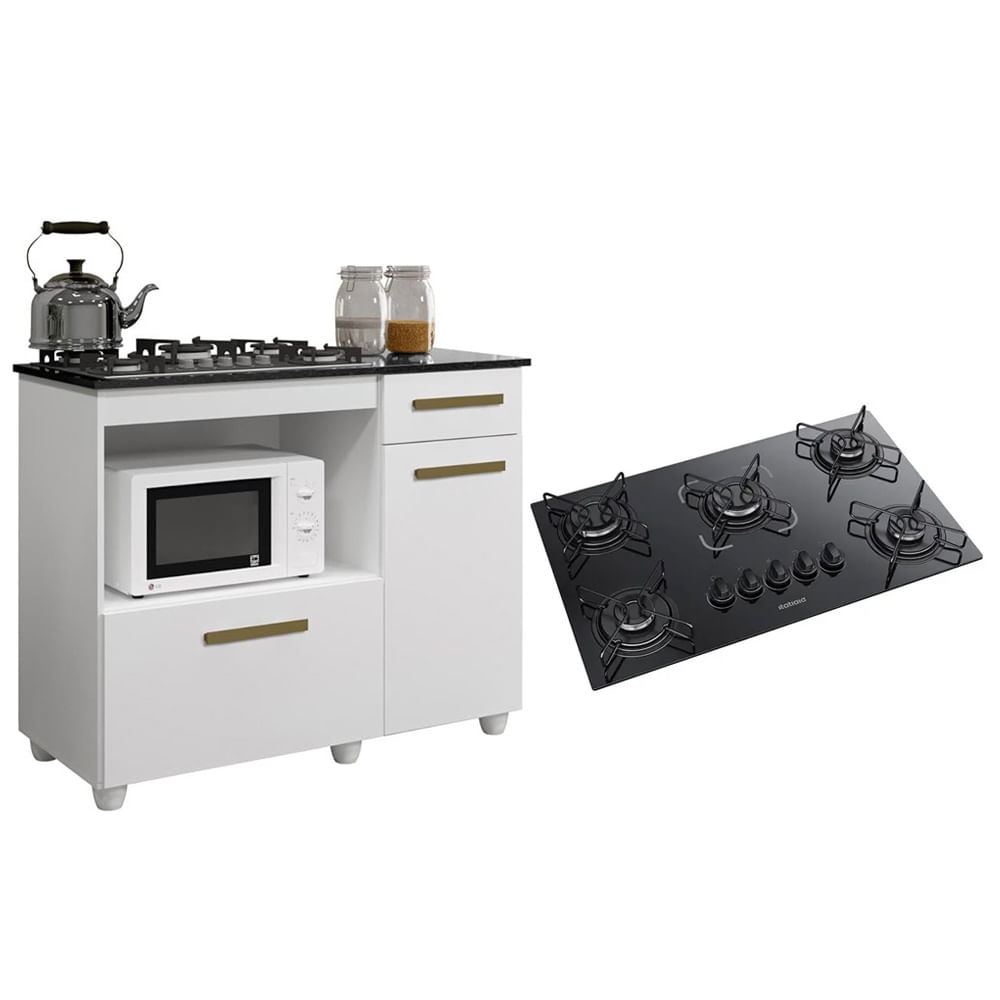 Kit Balcão Para Cooktop Cozinha Kaiki Violeta Branco Com Fogão Cooktop 5 Bocas Itatiaia Essencial Preto