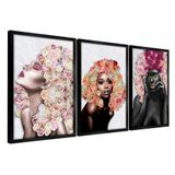 Quadros Decorativos 30x45 Mulheres Rosto Flores Rosas Kit 3 Titulos Moldura Preta