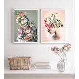 Kit 2 Quadros Para Sala Cinza E Rosa Mulheres Flores 24x18cm