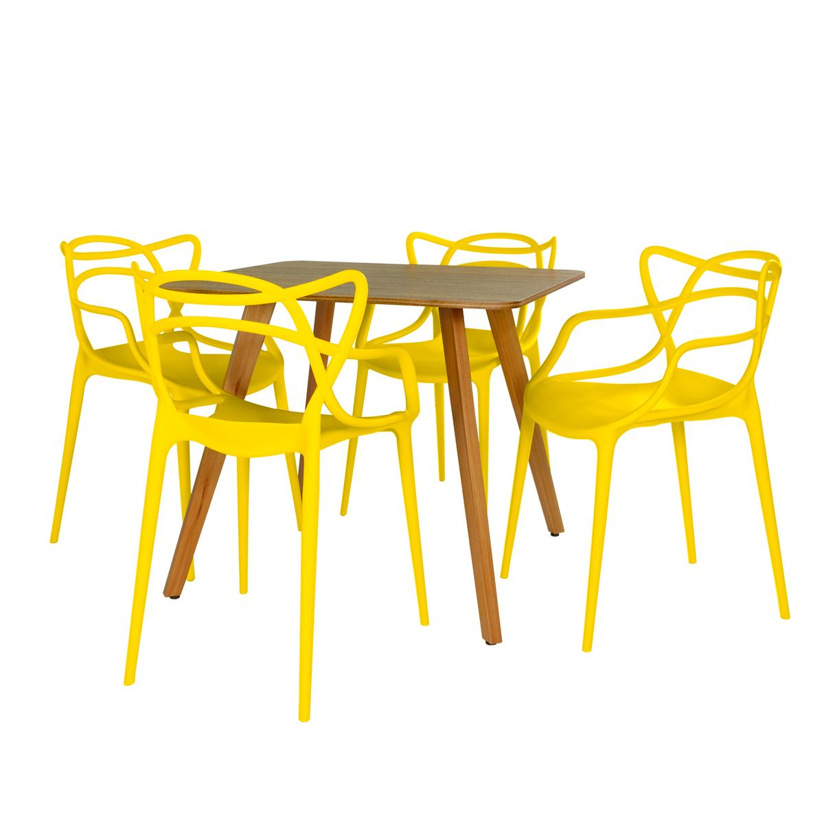 Conjunto Mesa De Jantar Quadrada Ágata 90x90cm Natural Com 4 Cadeiras Allegra - Amarelo