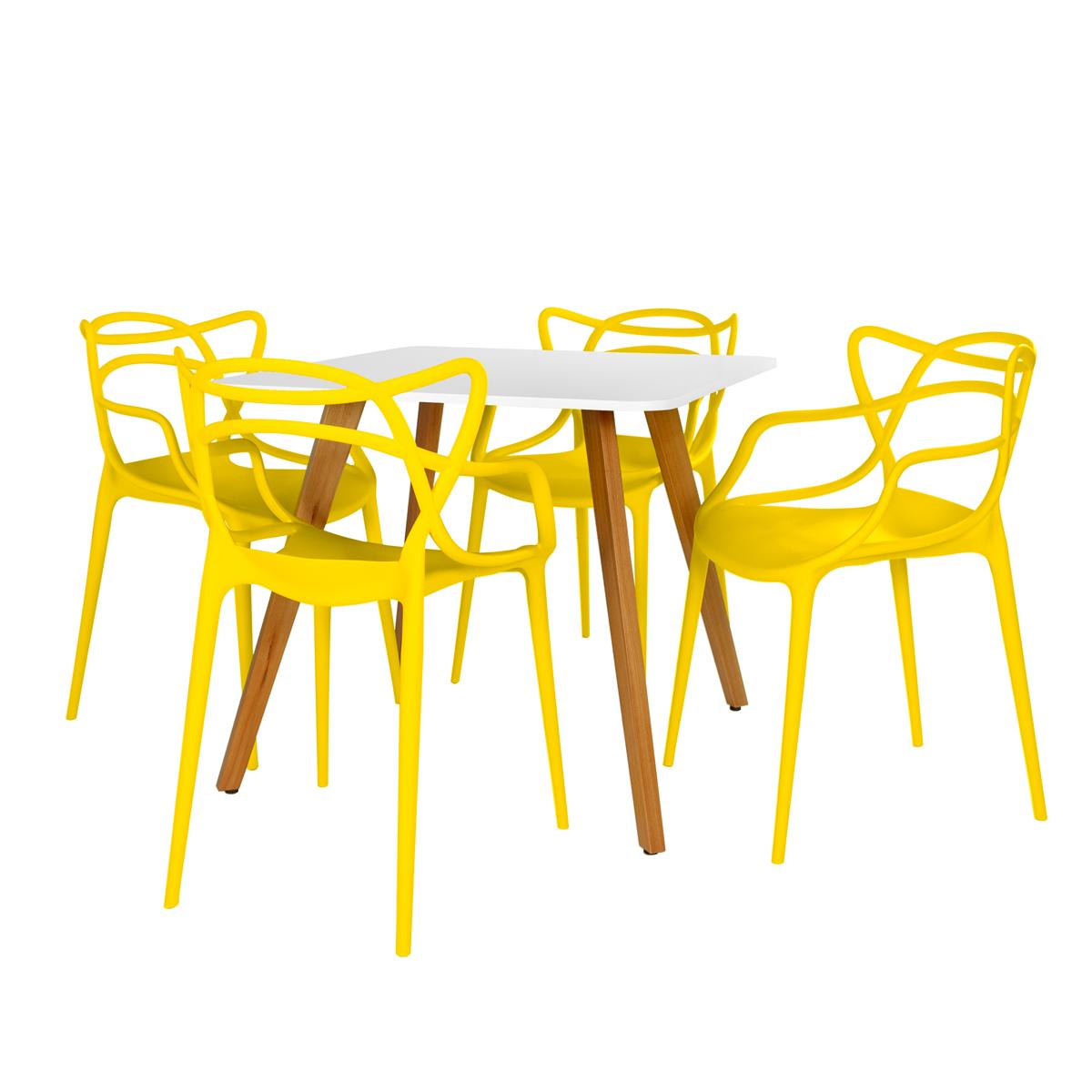 Conjunto Mesa De Jantar Quadrada Ágata 90x90cm Branca Com 4 Cadeiras Allegra - Amarelo