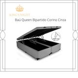 Cama Box Baú Queen Bipartido Corino Cinza Com Pistão A Gás