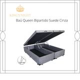 Cama Box Baú Queen Bipartido Suede Cinza Com Pistão A Gás