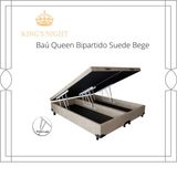 Cama Box Baú Queen Bipartido Suede Bege Com Pistão A Gás