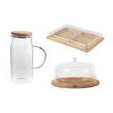 Kit Para Servir Com 01 Jarra De Vidro 1,15 L + 01 Porta Frios + 01 Boleira Em Bambu Ou