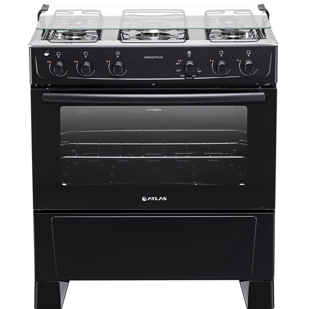 Fogão 5 Bocas Atlas Mônaco Plus Preto Com Mesa Inox Bivolt