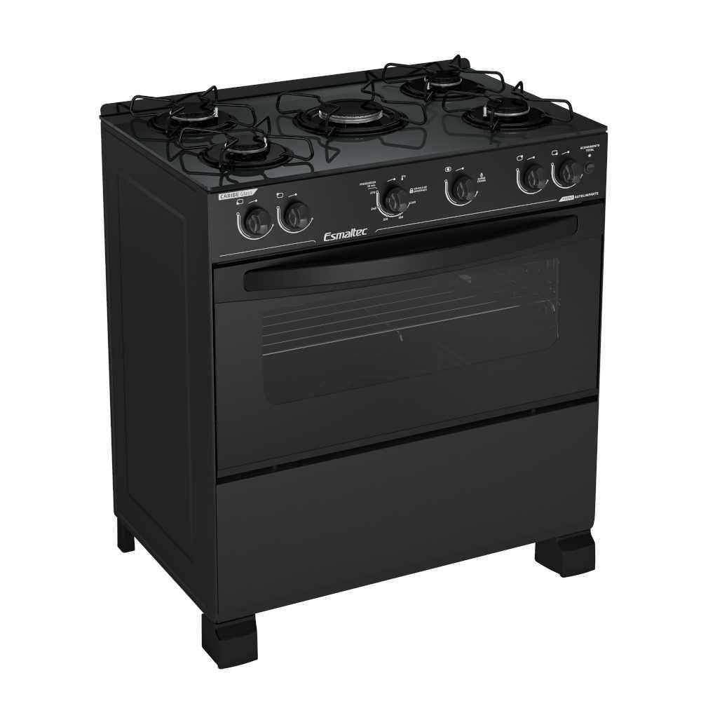 Fogão 5 Bocas Esmaltec Caribe Glass Preto Mesa em Vidro - Bivolt Fogão 5 Bocas Esmaltec Caribe Glass Preto Mesa em Vidro - Bivolt