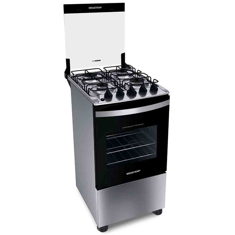 Fogão Brastemp 4 Bocas Bfo4nbr Clean Mesa De Inox 2 Prateleiras Ajustáveis Acendimento Automático