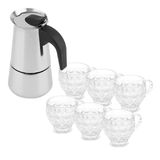 Cafeteira Italiana Moka 450ml + 6 Xícaras Vidro Café 200ml