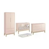 Dormitório Classic 2 Portas, Cômoda Com Porta Rosa Com Pés Madeira Natural E Colchão D18 - Reller Móveis Rosa