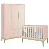 Jogo De Quarto Classic Guarda Roupa 3 Portas E Berço Rosa Fosco Com Pés Madeira Natural - Reller Móveis Rosa Fosco