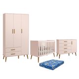 Dormitório Infantil Isis Guarda Roupa 3 Portas, Cômoda 1 Porta E Berço Rosa Com Colchão - Reller Móveis Rosa