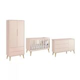 Dormitório Theo 2 Portas E Cômoda 1 Porta Rosa Com Pés Madeira Natural - Reller Móveis Rosa