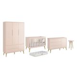 Dormitório Theo 3 Portas, Mesa De Canto Rosa Com Pés Madeira Natural E Colchão D18 - Reller Móveis Rosa