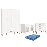 Dormitório Infantil Isis Guarda Roupa 4 Portas, Cômoda 1 Porta E Berço Branco Com Colchão - Reller Móveis Branco