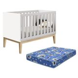 Berço Mini Cama Classic Branco Fosco Pés Madeira Natural Com Colchão D18 - Reller Móveis Branco Fosco
