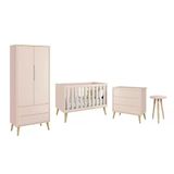 Dormitório Theo 2 Portas E Mesa De Canto Rosa Com Pés Madeira Natural - Reller Móveis Rosa