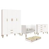Dormitório Infantil Isis Guarda Roupa 4 Portas, Cômoda 1 Porta E Berço Branco Com Colchão D18 - Reller Móveis Branco